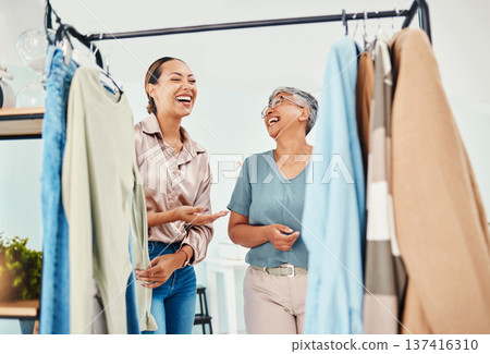 Smile, customer and employee with fashion, sales and funny with clothes, service and conversation. Women, people and client with shop assistant, retail and product with luxury, shopping and discount 137416310