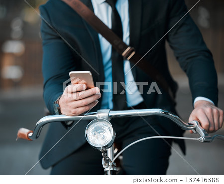 Business, phone in hands and bicycle outdoor for professional career, travel and transportation. Entrepreneur man with a bike and smartphone for internet communication, carbon footprint and journey 137416388