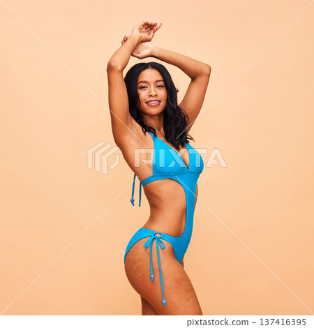 Smile, fashion and swimsuit with portrait of woman in studio for summer, healthy and wellness. Beach, vacation and beauty with person on beige background for confident, holiday and self love mockup Smile, fashion and swimsuit with portrait of woman in studio for summer, healthy and wellness. Beach, vacation and beauty with person on beige background for confident, holiday and self love mockup 137416395