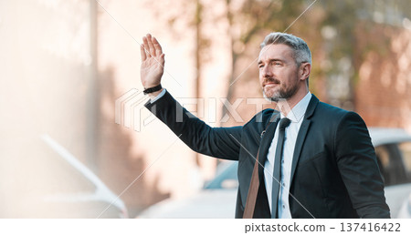 Businessman, wave hand and travel outdoor on city street for professional commute and transport. Mature entrepreneur person with gesture to stop taxi, cab or ride hailing service on urban road Businessman, wave hand and travel outdoor on city street for professional commute and transport. Mature entrepreneur person with gesture to stop taxi, cab or ride hailing service on urban road 137416422