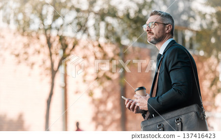 Mature business man, city and building, glasses and cellphone with coffee and bag in street on bokeh background. Entrepreneur, professional person and manager standing and wait for traffic outside Mature business man, city and building, glasses and cellphone with coffee and bag in street on bokeh background. Entrepreneur, professional person and manager standing and wait for traffic outside 137416423