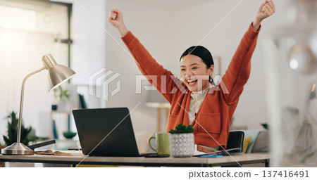Asian woman, laptop and celebration fist for company success, creativity goals and happiness in office. Digital marketing achievement, happy or excited employee celebrate for corporate target winner. Asian woman, laptop and celebration fist for company success, creativity goals and happiness in office. Digital marketing achievement, happy or excited employee celebrate for corporate target winner. 137416491