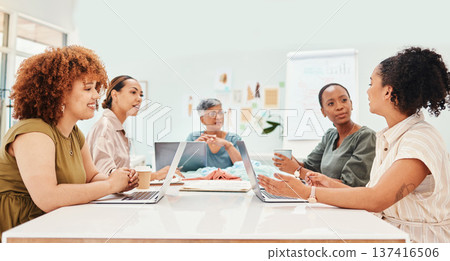 Creative people, fashion designer and meeting in planning, team brainstorming or clothing ideas at office. Group of women in retail startup, project plan or discussion in teamwork, design or mission 137416506