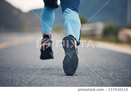 Street, legs and fitness person running for outdoor exercise, cardio workout or training for marathon race on asphalt road. Sports shoes, athlete foot steps or feet of closeup runner doing challenge Street, legs and fitness person running for outdoor exercise, cardio workout or training for marathon race on asphalt road. Sports shoes, athlete foot steps or feet of closeup runner doing challenge 137416510