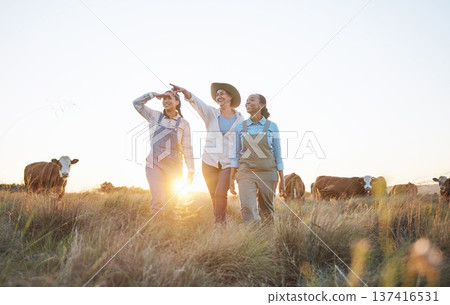 Farm, agriculture and women with cow pointing for inspection, livestock and animal health. Agro business, countryside and people planning with cattle for dairy, beef production or sustainable farming Farm, agriculture and women with cow pointing for inspection, livestock and animal health. Agro business, countryside and people planning with cattle for dairy, beef production or sustainable farming 137416531