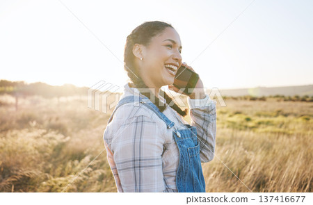 Happy woman, farm or phone call for talking, speaking or networking with contact in conversation. Smile, farmer or small business owner on mobile communication for agriculture or sustainability ideas Happy woman, farm or phone call for talking, speaking or networking with contact in conversation. Smile, farmer or small business owner on mobile communication for agriculture or sustainability ideas 137416677