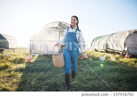 Chicken coop, woman with basket walking on farm with birds, grass and countryside field with sustainable business. Agriculture, poultry farming and happy farmer working with food, nature and animals. Chicken coop, woman with basket walking on farm with birds, grass and countryside field with sustainable business. Agriculture, poultry farming and happy farmer working with food, nature and animals. 137416702