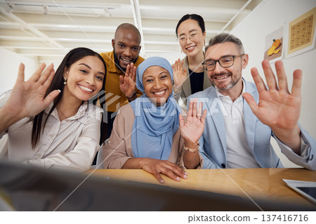 Business people, video call and team portrait for online meeting, communication and marketing collaboration in office. Face of women and men or diversity group wave hello in virtual presentation Business people, video call and team portrait for online meeting, communication and marketing collaboration in office. Face of women and men or diversity group wave hello in virtual presentation 137416716