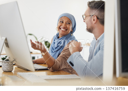 Feedback, consulting and computer with business people in office for creative, diversity and coaching. Teamwork, collaboration and training with employees in digital agency for website and designer 137416759