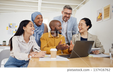Business people, meeting and computer in group planning in marketing, website design and office presentation. Team of men and woman on laptop for teamwork, funny conversation or project collaboration 137416762