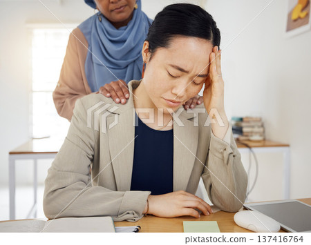 Depression, stress and a business woman with empathy, support and help in an office. Burnout, fired and entrepreneur person with headache, bad news or dismissal with hand of friend on shoulder Depression, stress and a business woman with empathy, support and help in an office. Burnout, fired and entrepreneur person with headache, bad news or dismissal with hand of friend on shoulder 137416764