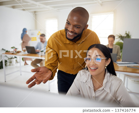 Training, teamwork and computer with business people in office for creative, planning and coaching. Consulting, collaboration and feedback with employees in digital agency for website and designer 137416774