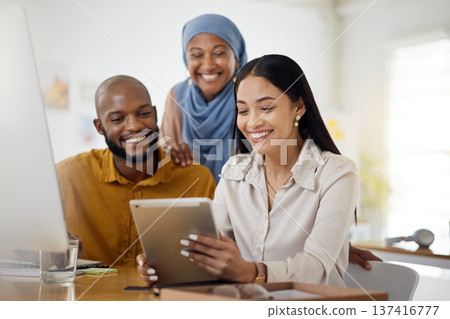 Diversity, planning and tablet with business people in office for support, teamwork and meeting. Digital, brainstorming and idea with employees in creative agency for website, designer and solution Diversity, planning and tablet with business people in office for support, teamwork and meeting. Digital, brainstorming and idea with employees in creative agency for website, designer and solution 137416777