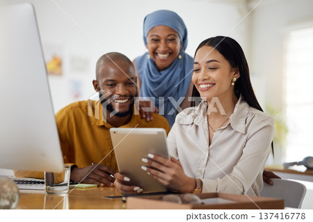 Happy creative people, tablet and meeting in teamwork, online collaboration or research at office. Group of employees smile on technology in communication or networking for startup at the workplace Happy creative people, tablet and meeting in teamwork, online collaboration or research at office. Group of employees smile on technology in communication or networking for startup at the workplace 137416778