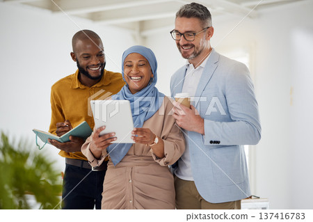 Support, planning and tablet with business people in office for teamwork, diversity and meeting. Digital, brainstorming and idea with employees in creative agency for website, designer and solution 137416783