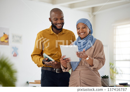 Business people, tablet and teamwork or planning for marketing, website design and management in office. African man and woman on digital technology for online news, startup and project collaboration Business people, tablet and teamwork or planning for marketing, website design and management in office. African man and woman on digital technology for online news, startup and project collaboration 137416787