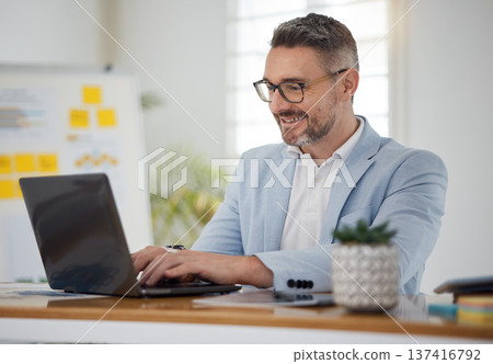Business man, smile and typing on laptop for network update, online insight and review digital report. Happy mature manager, entrepreneur and working on computer for research, planning admin and info Business man, smile and typing on laptop for network update, online insight and review digital report. Happy mature manager, entrepreneur and working on computer for research, planning admin and info 137416792