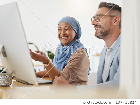 Training, feedback and computer with business people in office for creative, diversity and coaching. Teamwork, collaboration and consulting with employees in digital agency for website and designer 137416824