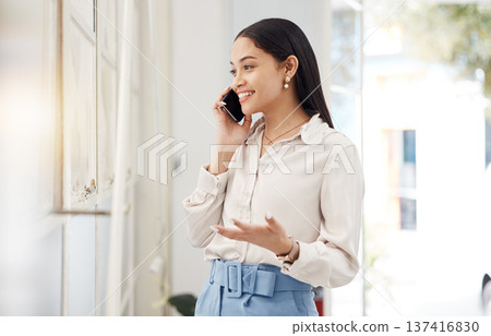 Business, woman and happy phone call for communication, feedback and mobile chat in office. Employee, smile and talking on smartphone for contact, consulting and thinking of conversation at window 137416830