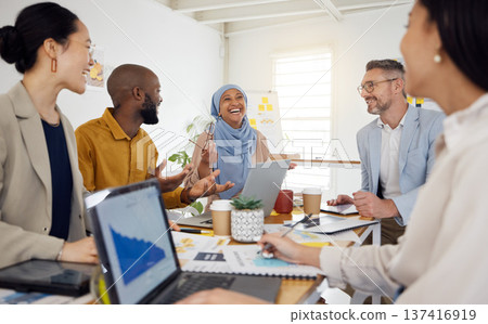 Strategy, planning and funny with business people in meeting for brainstorming, project management and partnership. Teamwork, collaboration and solution with employees in office for client proposal 137416919