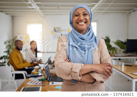 Leadership, Muslim woman portrait and arms crossed of business manager in a office with a smile. Company leader, management and mature female professional with a hijab ready for a team meeting Leadership, Muslim woman portrait and arms crossed of business manager in a office with a smile. Company leader, management and mature female professional with a hijab ready for a team meeting 137416921