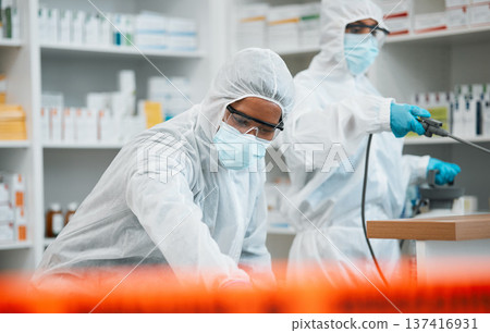 Pharmacy, emergency disinfection and people spray chemical for protection, cleaning hospital or contamination risk. Safety policy, toxic bacteria outbreak or healthcare team sanitize medical facility 137416931