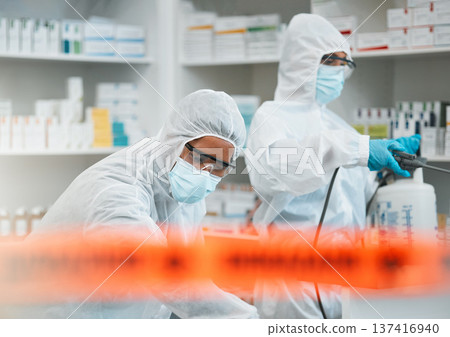 Pharmacy disinfection, red tape and people spray chemical solution for protection, cleaning hospital or contaminated clinic. Safety policy, hazmat PPE and healthcare team sanitize medical product Pharmacy disinfection, red tape and people spray chemical solution for protection, cleaning hospital or contaminated clinic. Safety policy, hazmat PPE and healthcare team sanitize medical product 137416940
