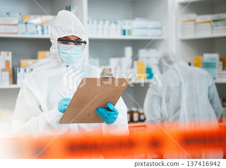 Pharmacy clipboard, red tape and people inspection of hospital medicine, clinic investigation or safety review. Healthcare policy checklist, team PPE or compliance teamwork on medical product storage Pharmacy clipboard, red tape and people inspection of hospital medicine, clinic investigation or safety review. Healthcare policy checklist, team PPE or compliance teamwork on medical product storage 137416942