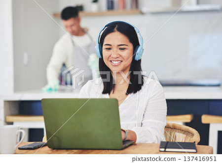 Remote work from home, headphones and woman with a laptop, copywriting and typing with research. Person, employee or copywriter with pc, kitchen and business owner with headset, project or connection Remote work from home, headphones and woman with a laptop, copywriting and typing with research. Person, employee or copywriter with pc, kitchen and business owner with headset, project or connection 137416951