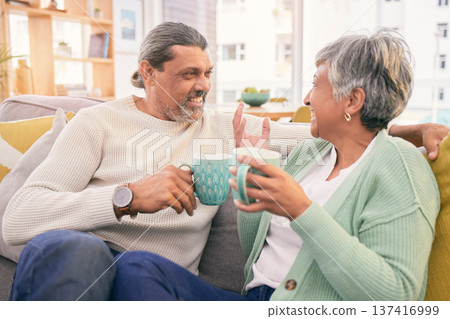 Coffee, conversation and mature couple on sofa for bonding, healthy relationship and connection. Marriage, love and happy man and woman drinking tea on couch to relax in discussion, talking and chat Coffee, conversation and mature couple on sofa for bonding, healthy relationship and connection. Marriage, love and happy man and woman drinking tea on couch to relax in discussion, talking and chat 137416999
