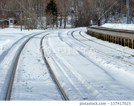 2026年1月30日，北海道柴茶町，JR東呂站白雪皚皚的月台和蜿蜒的冬季鐵軌。 137417025