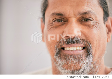 Happy, smile and portrait of a mature man with confidence and positive attitude by mockup space. Calm, headshot and closeup face of a male person from Mexico with pride by mockup for marketing. 137417035