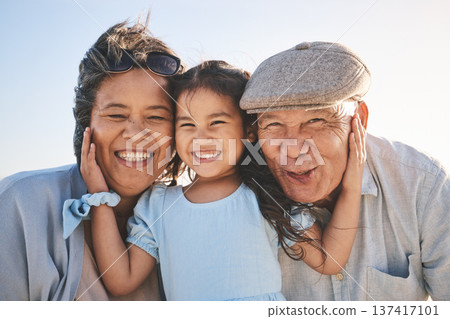 Smile, sky and portrait of a girl with her grandparents in nature on a family vacation or holiday. Happy, love and child holding her grandmother and grandfather with care on an outdoor weekend trip. Smile, sky and portrait of a girl with her grandparents in nature on a family vacation or holiday. Happy, love and child holding her grandmother and grandfather with care on an outdoor weekend trip. 137417101