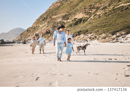 Family, walking and outdoor with a dog at the beach in summer for fun, freedom and vacation. People, child and a pet travel on sand at sea on holiday with health, love and happiness in nature 137417136