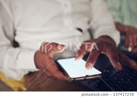 Phone screen, mockup and hands of business person reading online article, media news or texting business contact. Cellphone typing, advertising space or closeup professional user scroll on website UI 137417239