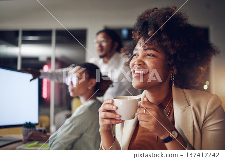Coffee, office smile and business woman thinking in coworking company with work idea and relax. African female person and staff with drink and latte with creative work ideas and employee planning Coffee, office smile and business woman thinking in coworking company with work idea and relax. African female person and staff with drink and latte with creative work ideas and employee planning 137417242
