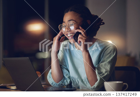 Phone call, office laptop and happy woman laughing at funny conversation, customer experience review and reading night report. Cellphone chat, dark room or computer person smile for online order joke 137417249