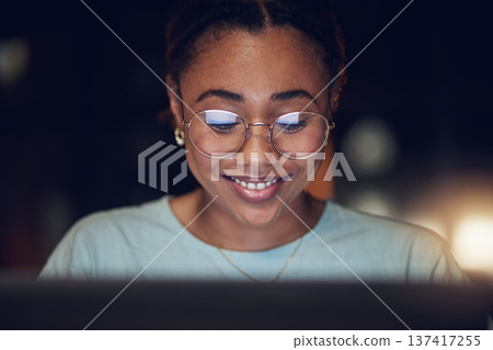 Night, laptop and face of happy woman review journalist story, social media blog and research report. News editor, reading or female writer check online article, editing copywriting or agency project Night, laptop and face of happy woman review journalist story, social media blog and research report. News editor, reading or female writer check online article, editing copywriting or agency project 137417255