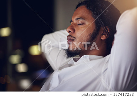 Business man, sleeping and tired in office with night fatigue, time management or relax and calm in IT company. Professional worker with dream job, information technology break and mental health Business man, sleeping and tired in office with night fatigue, time management or relax and calm in IT company. Professional worker with dream job, information technology break and mental health 137417258