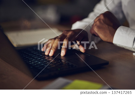 Laptop keyboard, hands and business person typing investment plan, exchange on stock market or reading sales numbers. Economy, cryptocurrency review and night trader working on NFT trading research Laptop keyboard, hands and business person typing investment plan, exchange on stock market or reading sales numbers. Economy, cryptocurrency review and night trader working on NFT trading research 137417265