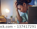 Business woman, depression and stress in an office at night working late on deadline. Tired African entrepreneur person with hands on head for pain, burnout or regret for mistake or fail at work 137417291