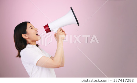 Megaphone announcement, scream or profile woman protest for democracy vote, justice or human rights rally. Speech, studio mockup space or loud speaker noise, communication or voice on pink background 137417298