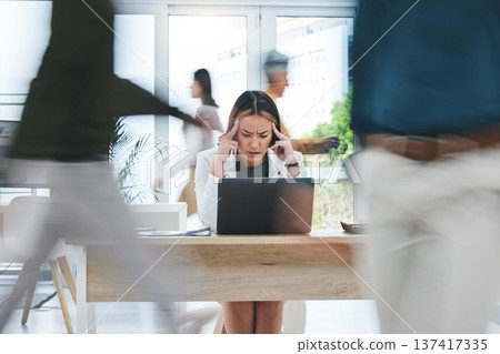 Headache, stress and business woman on laptop in busy office with vertigo, mistake or disaster. Anxiety, migraine and manager frustrated by glitch, 404 or internet, delay or mental health crisis Headache, stress and business woman on laptop in busy office with vertigo, mistake or disaster. Anxiety, migraine and manager frustrated by glitch, 404 or internet, delay or mental health crisis 137417335