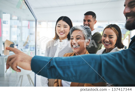Happy, writing and staff at glass board for creative marketing with sticky notes and pointing. Calendar planning, content creator schedule and management staff laughing in a business meeting teamwork 137417344