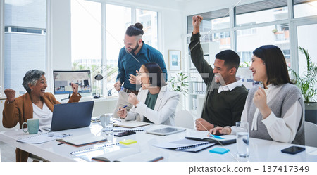 Celebration, business meeting and yes success of company staff with collaboration and teamwork Office, motivation and happy winner employees with planning and kpi growth from team working achievement 137417349