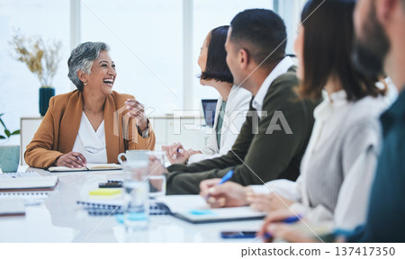 Business people, meeting and manager laugh for planning, collaboration and funny speaker in seminar or workshop. Professional leader, manager or woman speaking to staff for happy project conversation Business people, meeting and manager laugh for planning, collaboration and funny speaker in seminar or workshop. Professional leader, manager or woman speaking to staff for happy project conversation 137417350