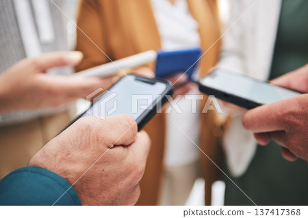 Phone, hands or people networking in circle to share, info or news on online communication together. Social media, collaboration or closeup of friends in community with teamwork, mobile or technology 137417368