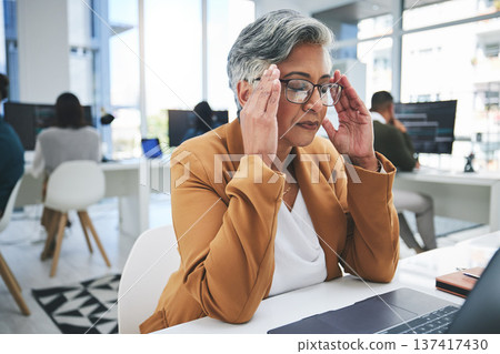 Business woman, headache and stress on computer in marketing crisis, online mistake or management error. Graphic designer manager with pain, frustrated and mental health or eye care glasses on laptop 137417430