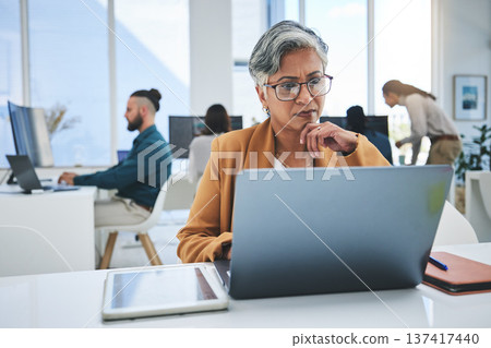 Business, stress and woman with laptop, thinking and connection with network, deadline and online reading. Problem solving, consultant and employee with pc, search internet and solutions in workplace Business, stress and woman with laptop, thinking and connection with network, deadline and online reading. Problem solving, consultant and employee with pc, search internet and solutions in workplace 137417440