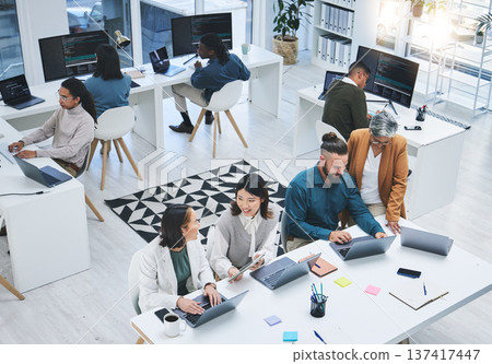 Coworking, laptop and startup staff with senior mentor and teamwork for online project. Planning, computer and working business people with digital market research for marketing company with boss 137417447